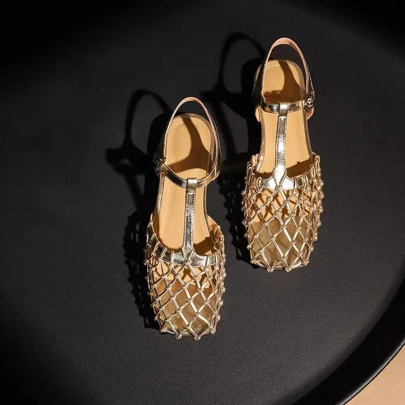 French Retro Hollowed Out Mesh Sandals Square Toe Sandals