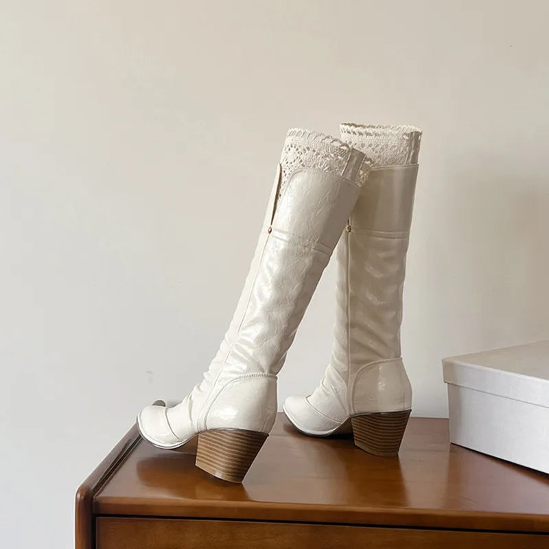Pleated Design Knee-High Boots Vintage Faux Suede Lace High heels Western Cowboy Long Booties Shoes