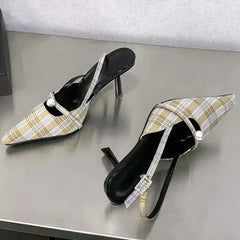 Pointed Toe Retro Plaid High Heels Elegant Slingbacks Shoes Office Sandalias De Mujer