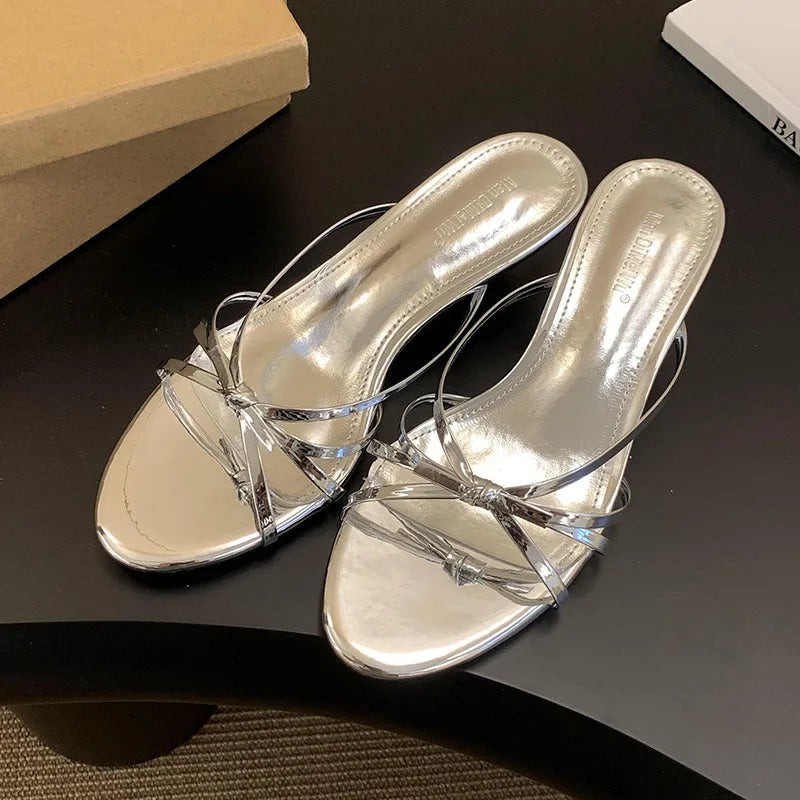 Butterfly-Knot Low Heel Slippers Shoes Round Toe Heeled Slippers