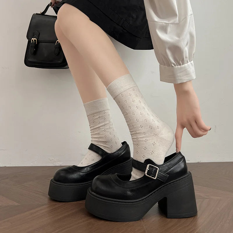 Vintage Platform Thick Bottom Mary Jane Shoes Shallow Round Toe Shoes Elegant Party Leather Shoes