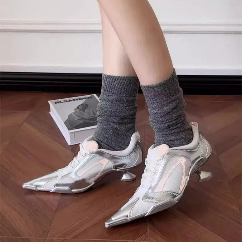 Low Heels Pointed Toe Shoes Lace Up Sports Style High Heels Colorblock Versatile Breathable Mesh Strappy Pumps