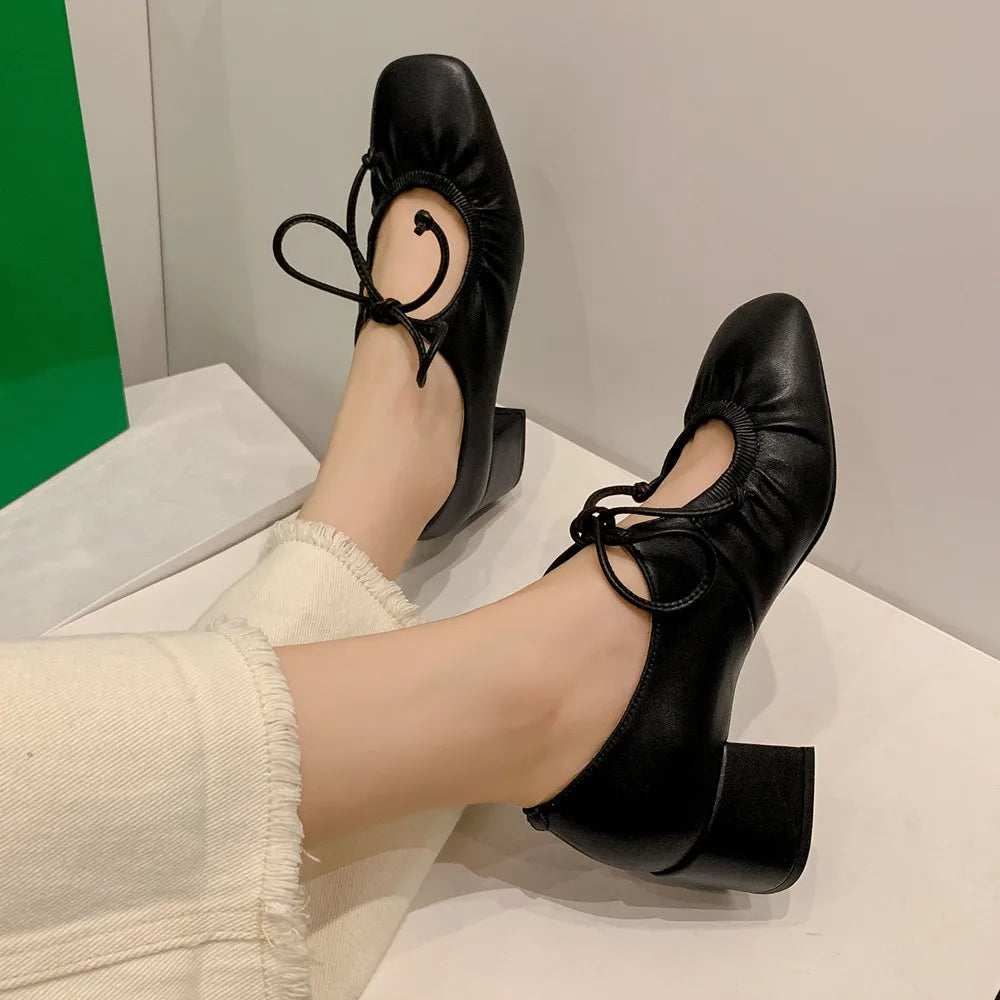 Mature Lace-Up Thick Heels Shoes Woman Office Lady Working Genuine Leather Pumps 2024