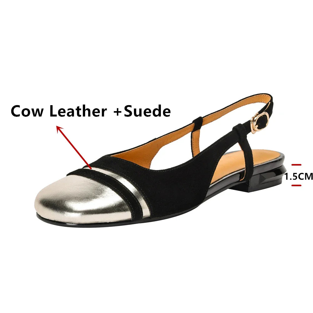 Classic Design Cow Leather Flats Shoes Slingbacks Comfort Woman Round Toe Flats Shoes