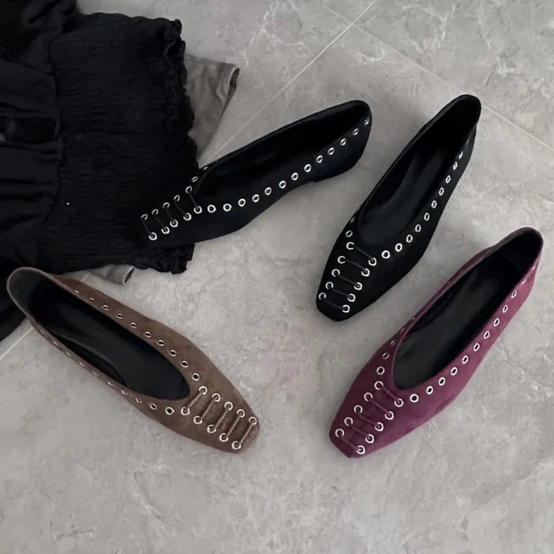 High Quality Faux Suede Flat Mary Jane Shoes Rivets Lace Up Brand Shoes Comfortable Soft Sole Office Shoe