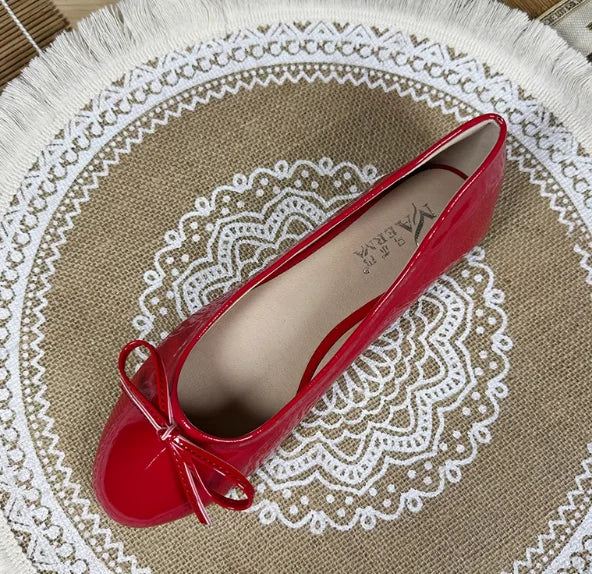 Round Toe Ballet Flats Spongy Bottom Hot Italian Shoes Patent Leather Classic Bow-Knot Dressing Slip-On 34 48 47