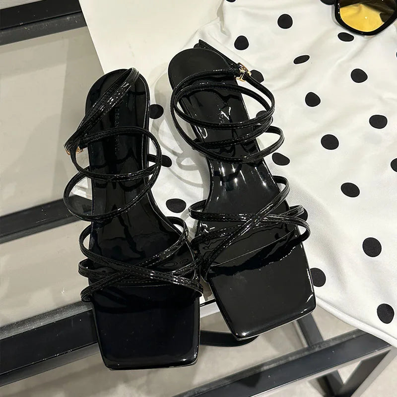 Cross-tied Low Heel Sandals Shoes Shallow Square Toe Footwear Heeled Shoes Sandals Pumps