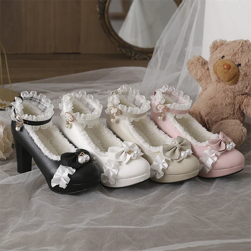 Ankle Strap Lolita Pumps Round Toe Thick High Heels Buckle Ruffles Bow Kawaii Cosplay Shoes Autumn