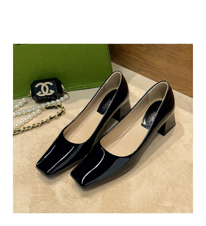 Solid Japanned Leather Pumps Woman Block High Heels Shoes OL Dress Work Escarpins Femmes Tacones Mujer