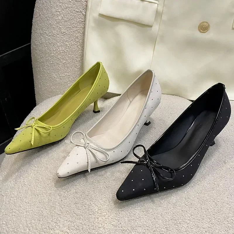 Rhinestone Bow Decoration Pointed Toe Satin Thin High Heels Elegant Banquet Shoes Mules Loafers