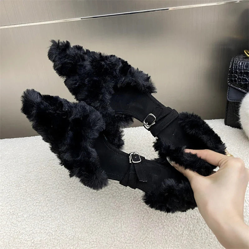 Faux Fur Fluffy Street Style Pointed Toe Thin High Heels Shoes Elegant Party Prom Zapatos De Mujer