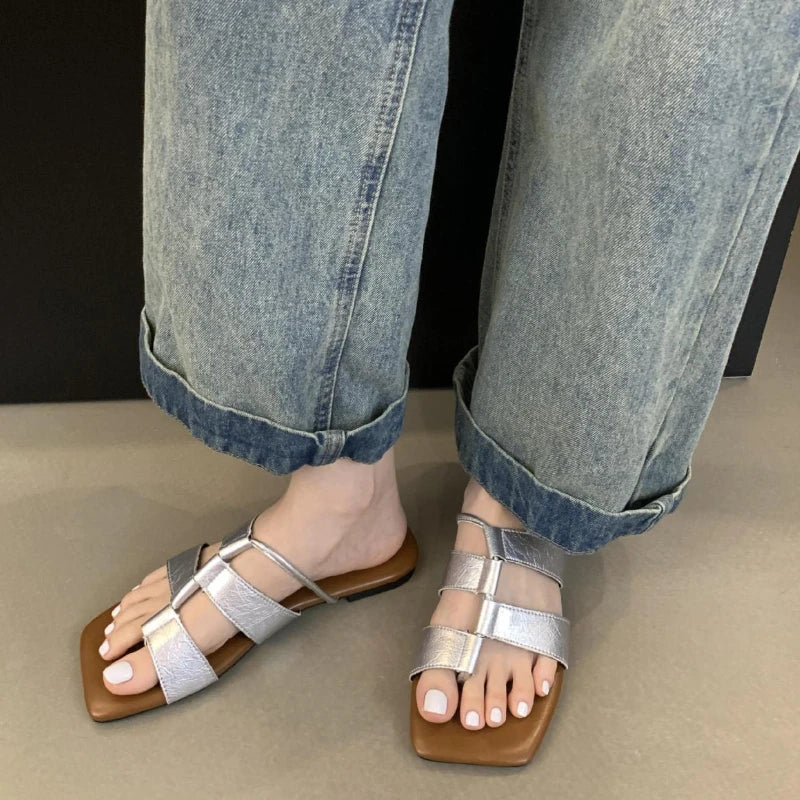 Set Toe Flat Sandals Square Head Hollow Slippers Party Soft Bottom Beach Shoes Flip Flops