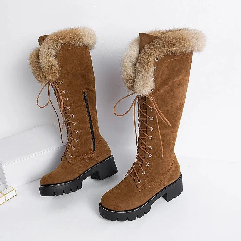 Lace-up Shoes Snow Boots Real Fur Boots Knee High Suede Thick Heel Warm Outdoor with Zip Big Size 43