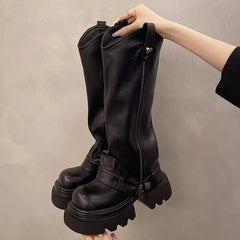 Knee High Boots Western Round Toe Long Boots Western Shoes Chunky Heel Platform
