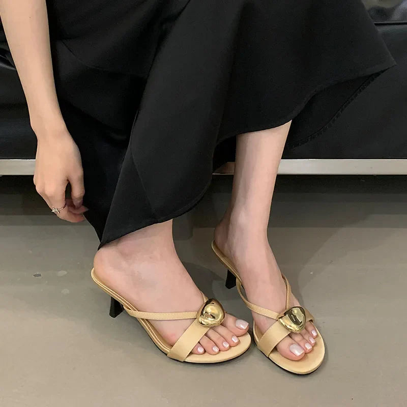 Metal High Heels Pumps Slides Shoes In Slip Round Toe Thin Heels Shoes