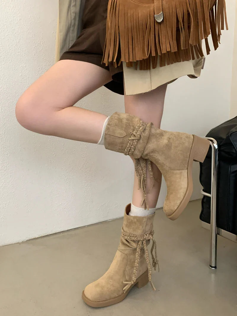 Brown Suede Boots Woman Round Toe Chunky Heels Boots Fall Black Rocks Shoes Botas Western Cowboy Feminina