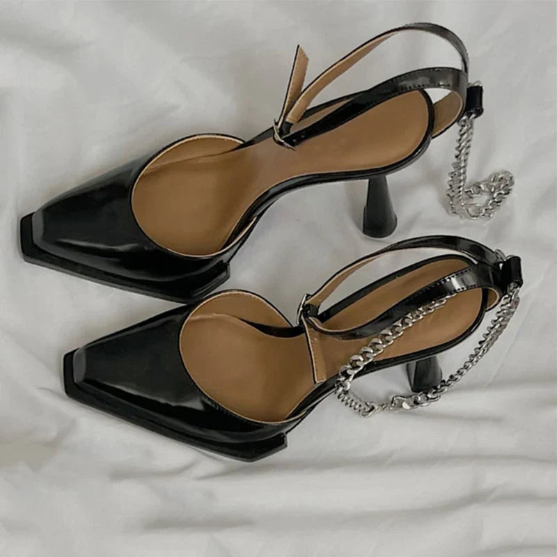 Buckle Pointed Toe Sandals Metal Chain Sandalias Stiletto High Heels Party zapatos de mujer