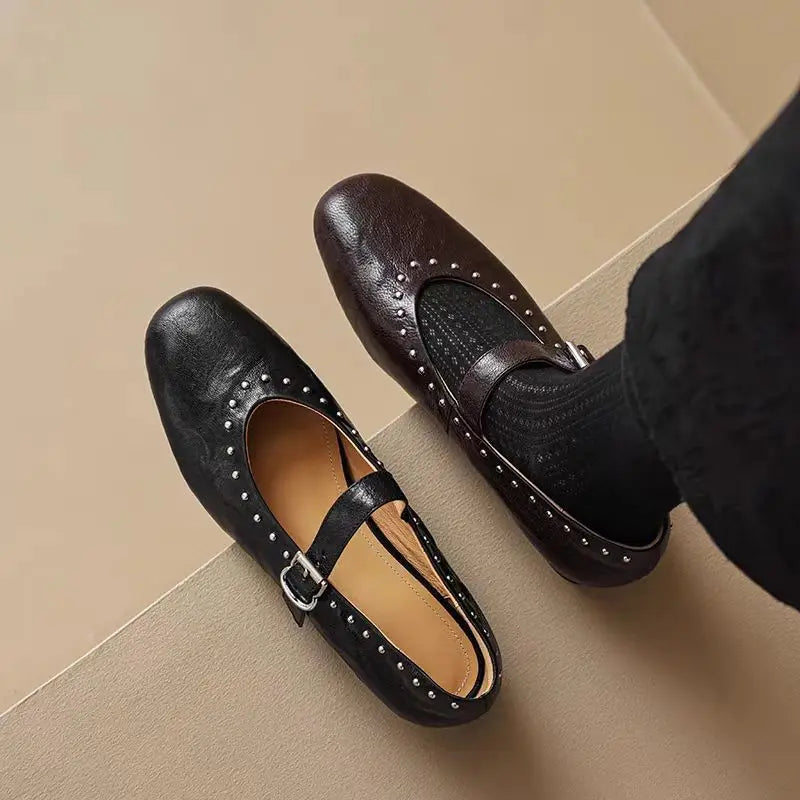 French Retro Mary Jane Ballet Shoes Flat Flat Casual Round Toe Riveted Shallow Mouth Single Shoes
