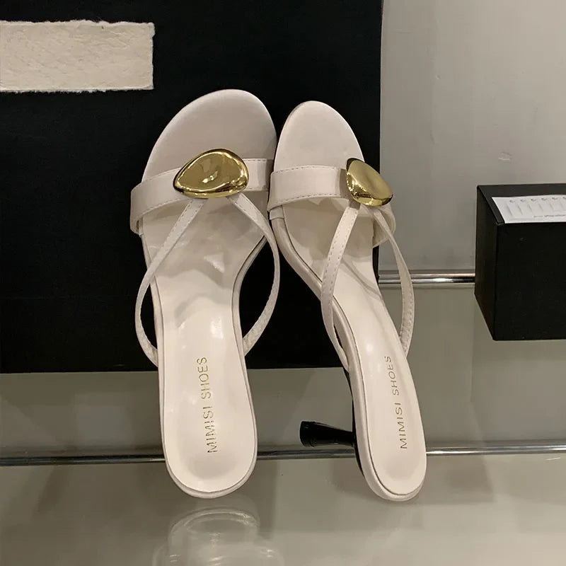 Metal High Heels Pumps Slides Shoes In Slip Round Toe Thin Heels Shoes