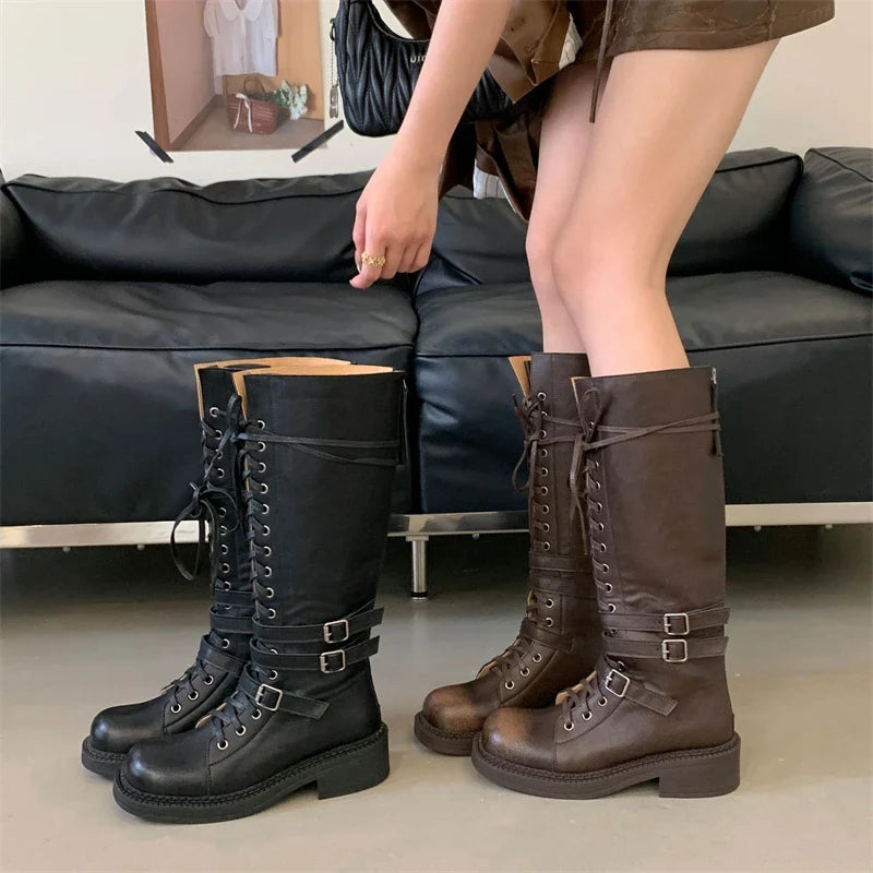Punk Style Cross-Strap Low Heels Knee-High Boots Belt Buckle Round Toe Zipper Shoes
