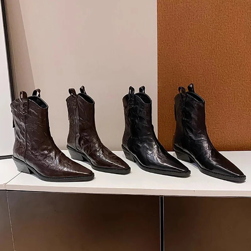 Pointed Toe Back Zipper Ankle Boots Thick High Heels Shoes Boots Cowboy Western Boots Botas de mujer