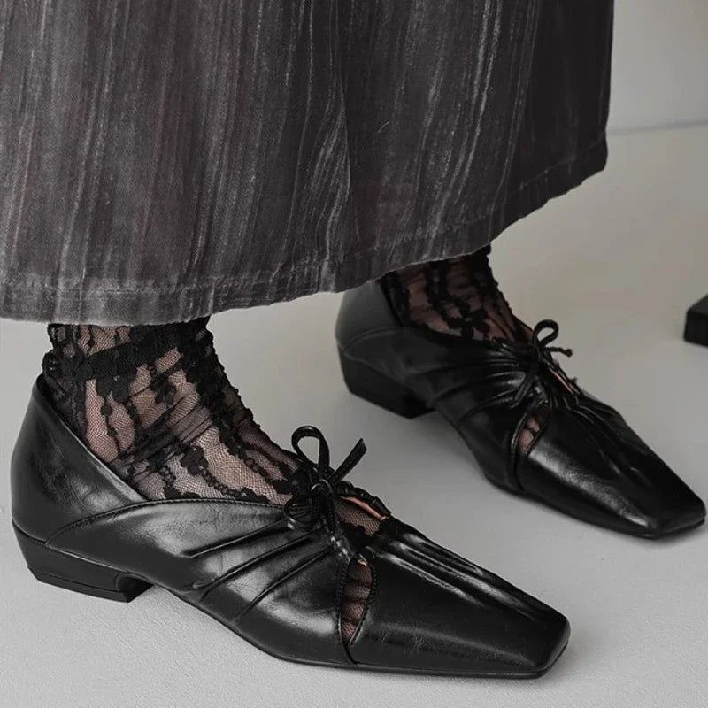 Pleated Hollow Mary Jane Style Shoes with Bow Design Flat Shoes Square Toe Casual Comfortable Outdoors Shoes Fashion