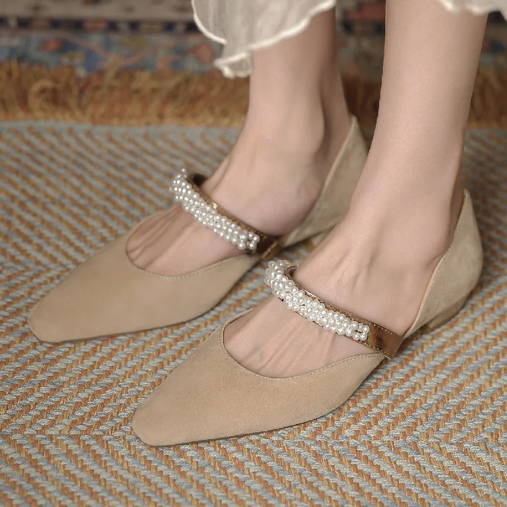 mary jane flats natural suede leather beading band pointed toe slip-on casual footwear daily shoes