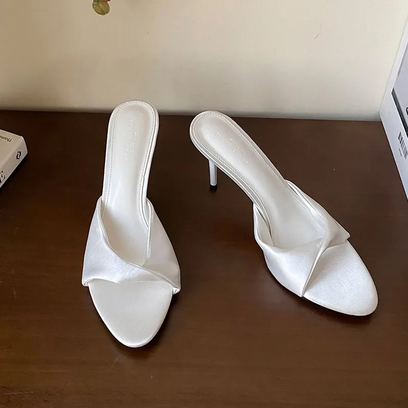 Silk Thin Heels Pumps Slides Shoes Slip Round Toe High Heels Shoes