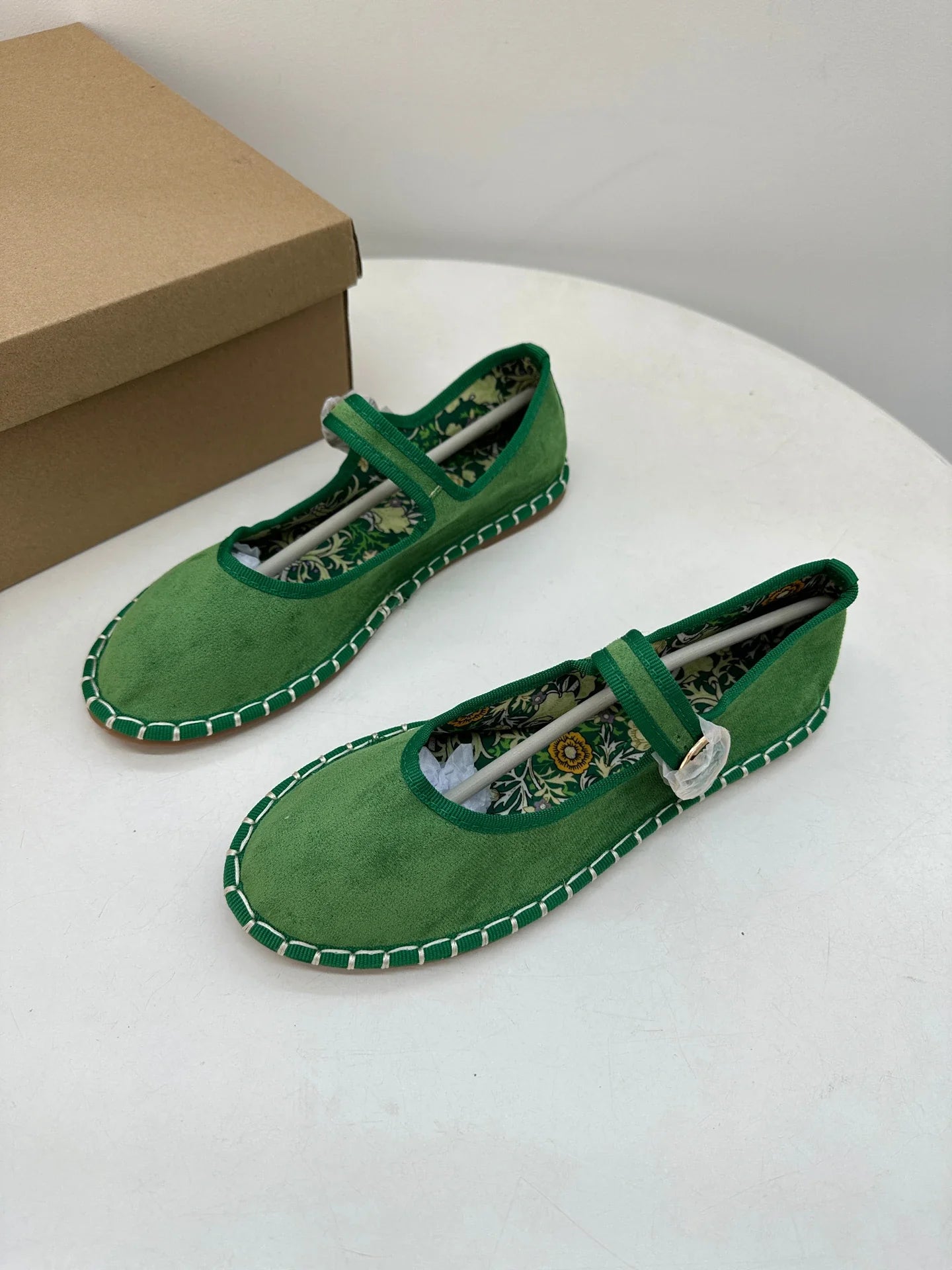 Floral Print Insole Velvet Flats Shoes Hand Stitching Elegant Mary Jeans Shoes Round Toe Ballets Flats Footwear