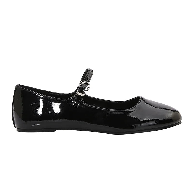 Brand Patent Leather Round Toe Ballet Flats Shallow Belt Buckle Shoes Elegant Party