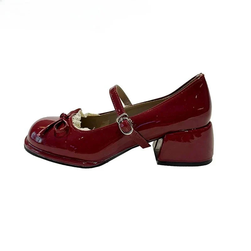 Thick Heel Mary Jane Shoes Concise Butterfly-knot Single Shoes Elegant Dress Leather Pumps