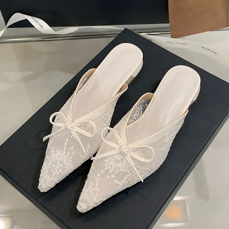 Butterfly-Knot Mesh Flats Slippers Mules Shoes Slides Pointed Toe Flats Sandals Shoes