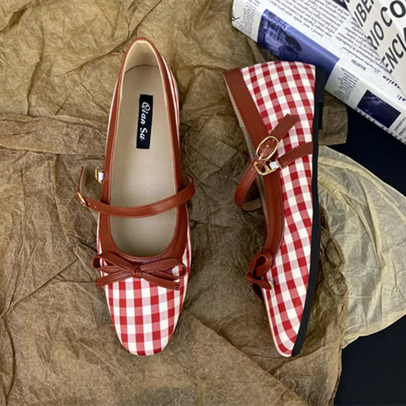 High Quality Checkered Design Mary Jane Shoes Inner Height Increase Flat Ballet Shoes Comfortable Soft Bottom