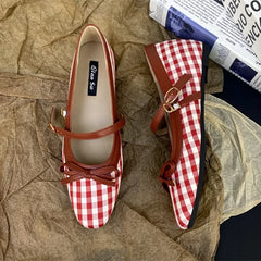 High Quality Checkered Design Mary Jane Shoes Inner Height Increase Flat Ballet Shoes Comfortable Soft Bottom