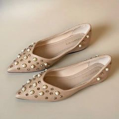 Pearl Rhinestone Decoration Flat Shoes Soft Leather Pointed Toe Ballet Flats Comfort Commuter Office Mary Jane Loafers