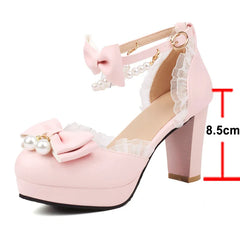 Ankle Strap Two-Piece Lolita Pump Round Toe Platform Kawaii Thick High Heel Bow Buckle Bead Cosplay Shoes Autumn