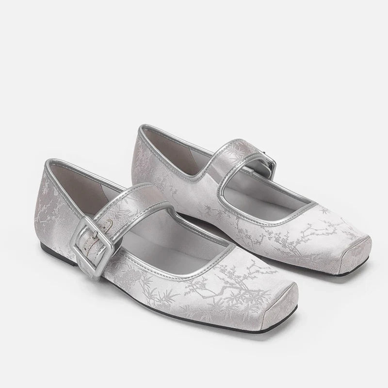 Silk Embroidery Ballerinas Woman Pig Toe Flats Shoes Belt Buckle Silky Mary Janes Wedding Brides Ballets Loafers