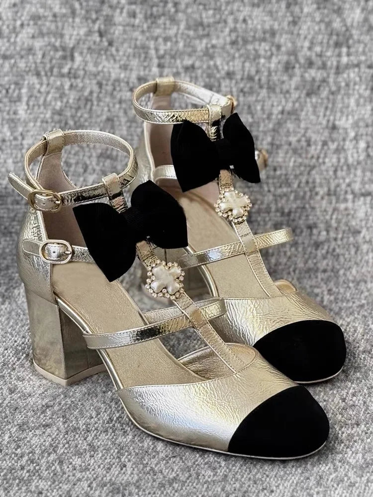 Block Heels Sandals Gold Metallic Effect Rhinestone Pearl Decor T-Tied Bow Sweet Patchwork Design Shoes Hollow