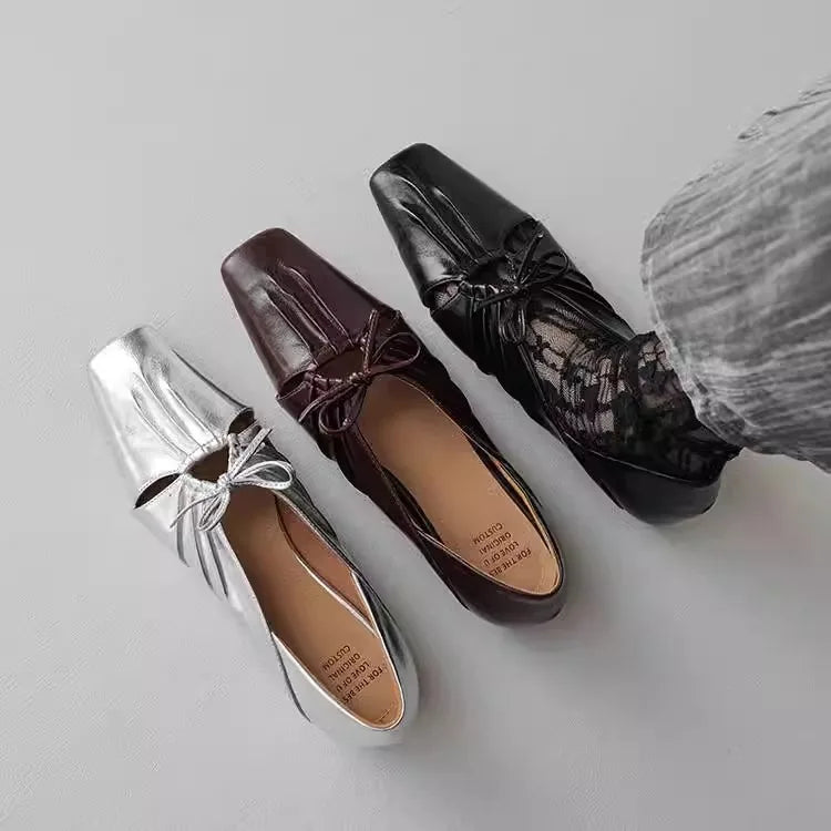 Pleated Hollow Mary Jane Style Shoes with Bow Design Flat Shoes Square Toe Casual Comfortable Outdoors Shoes Fashion