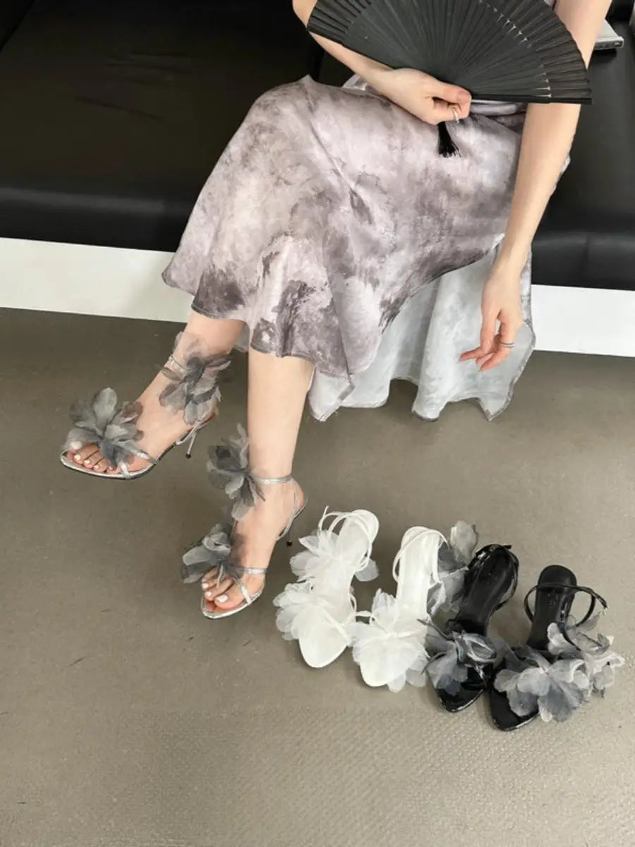 Mesh Flower Sandals Stiletto Heels Open Toe Ankle Straps Elegant Hollow Dress Party Daily Shoes