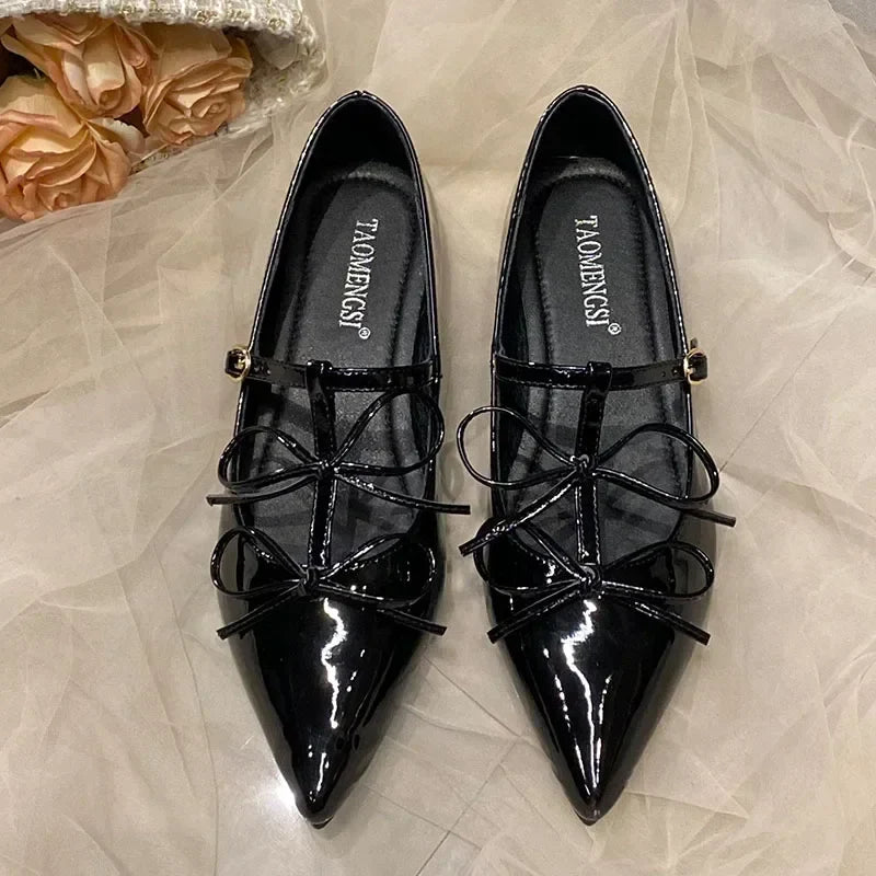 Pointed Toe Metal Buckle Bow T Strap Mary Jane Flats Elegant Banquet Dress Design Comfortable Single Shoes
