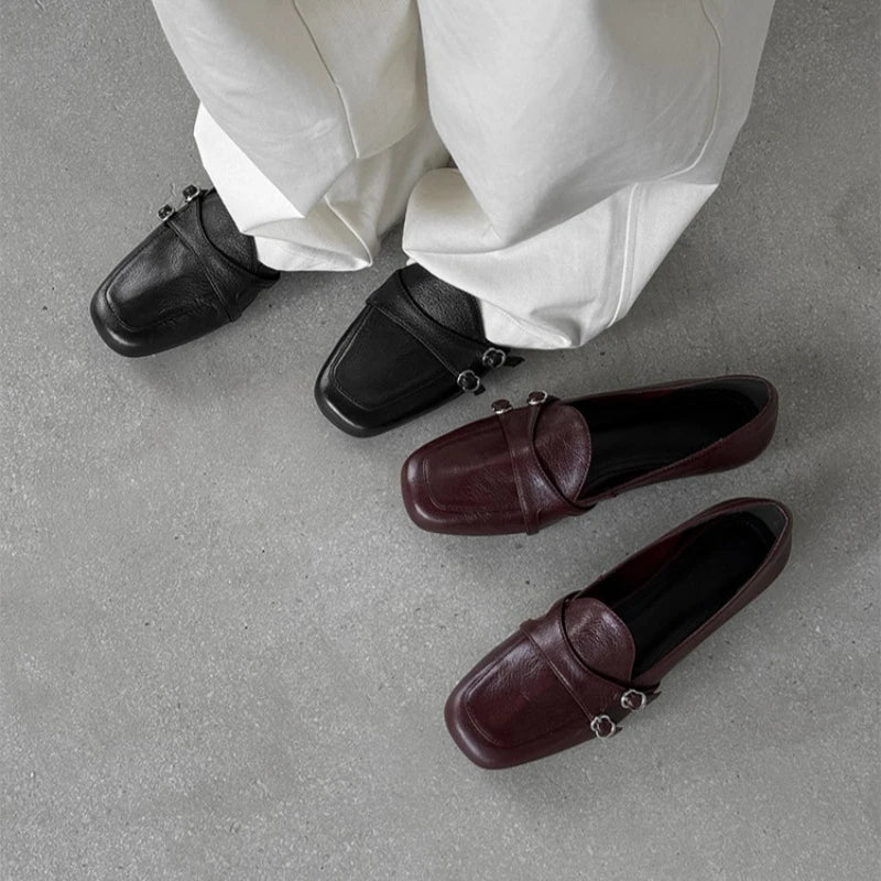 Elegant Burgundy Square Toe Loafers Metal Buckle Stitching Shoes Comfortable Commuting Flat Office Shoes