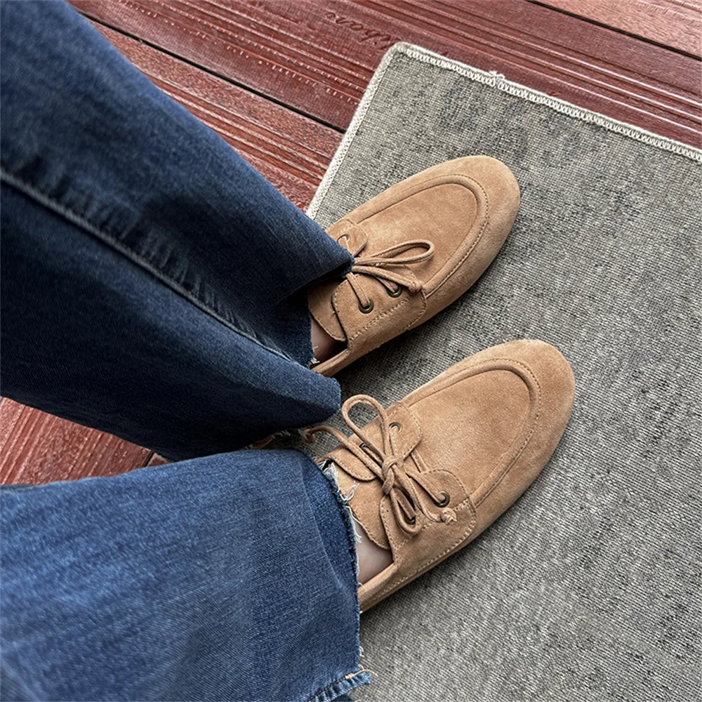 Ballet Flats Shoes Suede Leather Lace Up Casual Loafers Flats Heels Street Office Lady Loafers Shoe