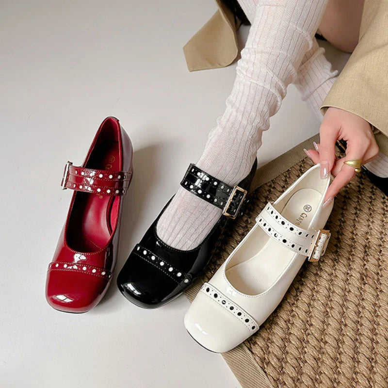 Sweet Patent Leather Buckle Strap Mary Jane Shoes Round Toe Dress Pumps Shoes Brand High Heels