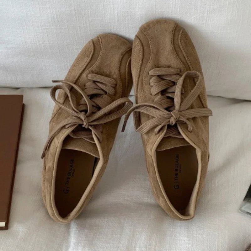 Suede Retro Lace Up Casual Flat Shoes Comfort Shallow Footwear Brown Brand Ballet Sneakers