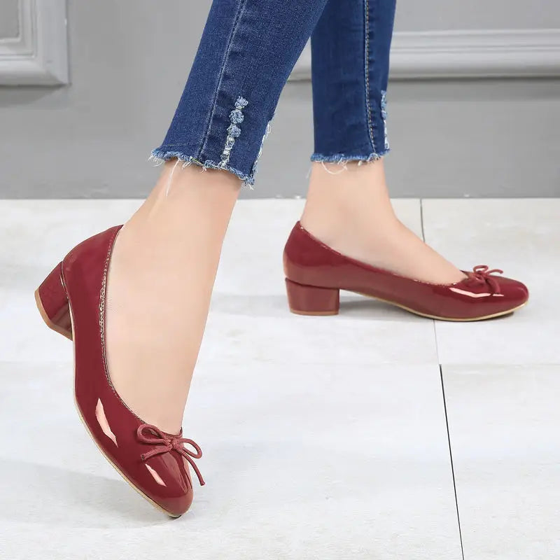 Round Toe Burgundy Cherry Red Ballet Shoes High Low Heel Bow Pumps Low Top Flat Patent Leather Small Red Shoes
