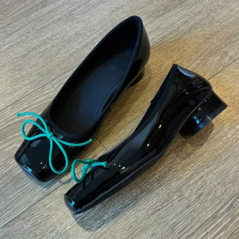 Patent Leather Mary Jane Shoes Shallow Shoes Bow Low Heel Elegant High Heels Zapatos De Mujer