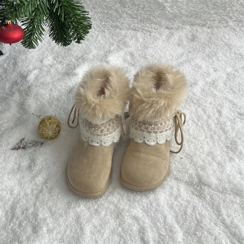 Sweet Lace Decoration Furry Suede Snow Boots Thick Bottom Fluffy Fur Ankle Boots Warm Plush Shoes
