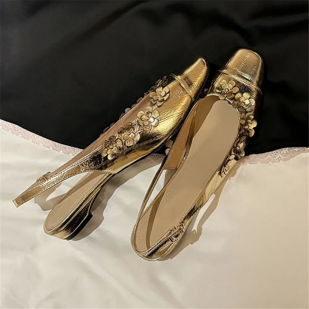 Genuine Leather Pumps FLowers Decoration Party Wedding Shoes Woman Slingbacks Pumps
