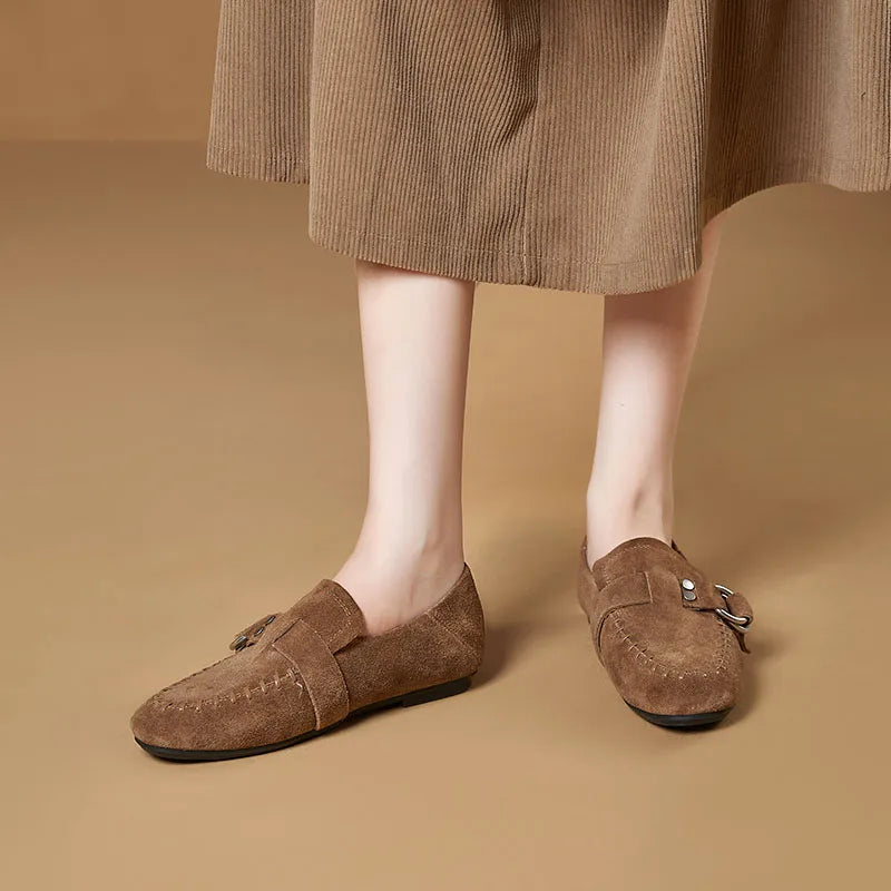 Genuine Leather Flats Metal Buckle-Decorated Suede Loafers Light Comfortable Cow Suede Shoes